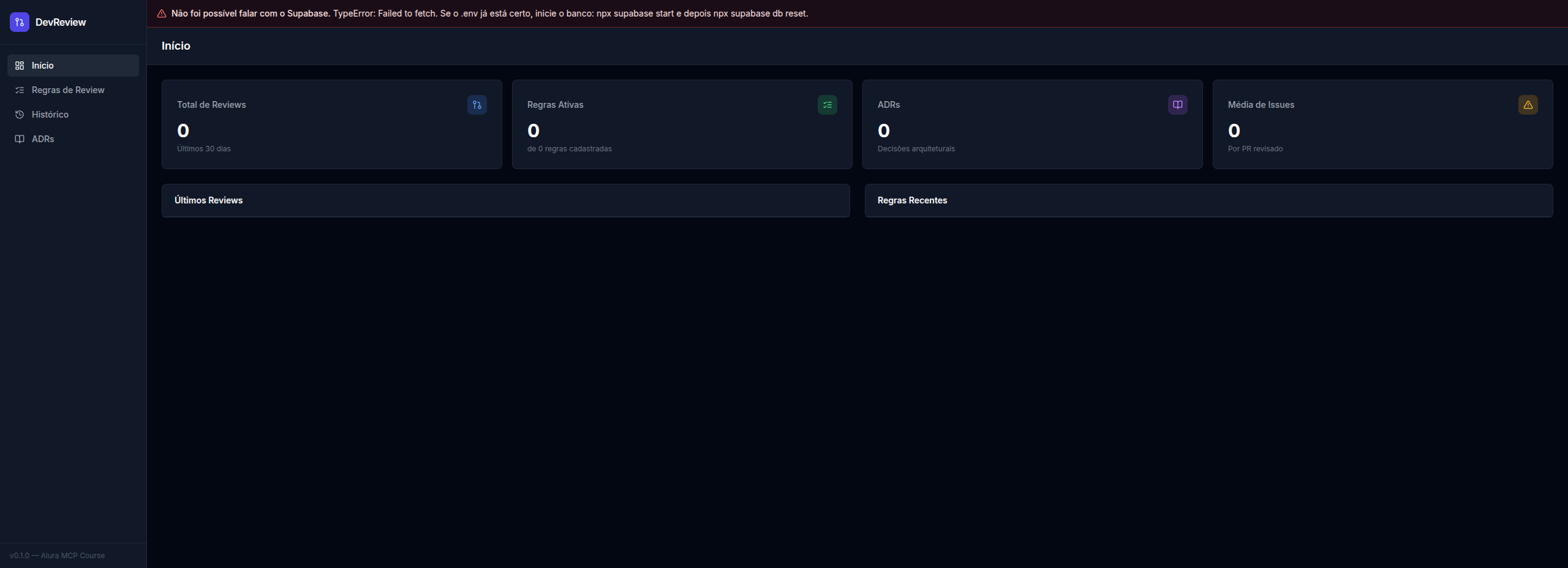 tela de setup inicial erro no topo da tela nao possivel falar com o supabase