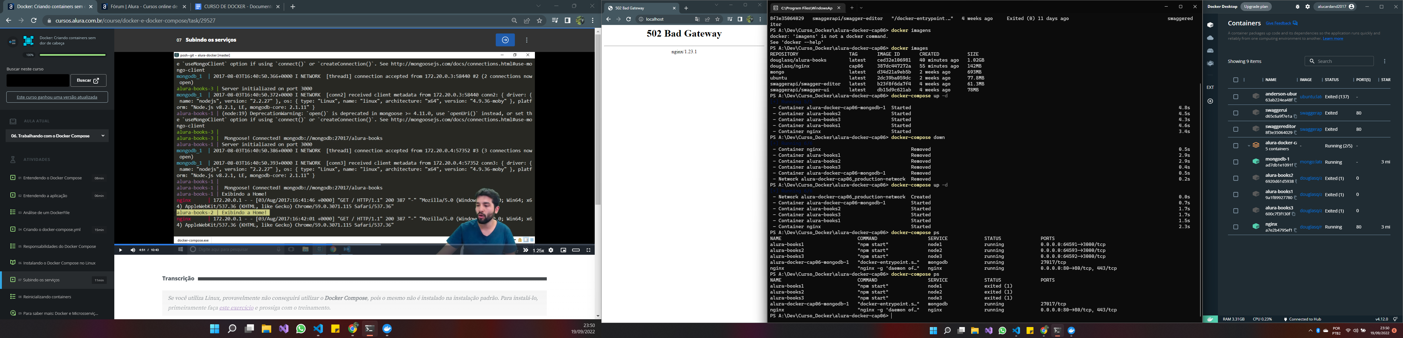 Tela do curso - navegador - CLI - Docker Desktop