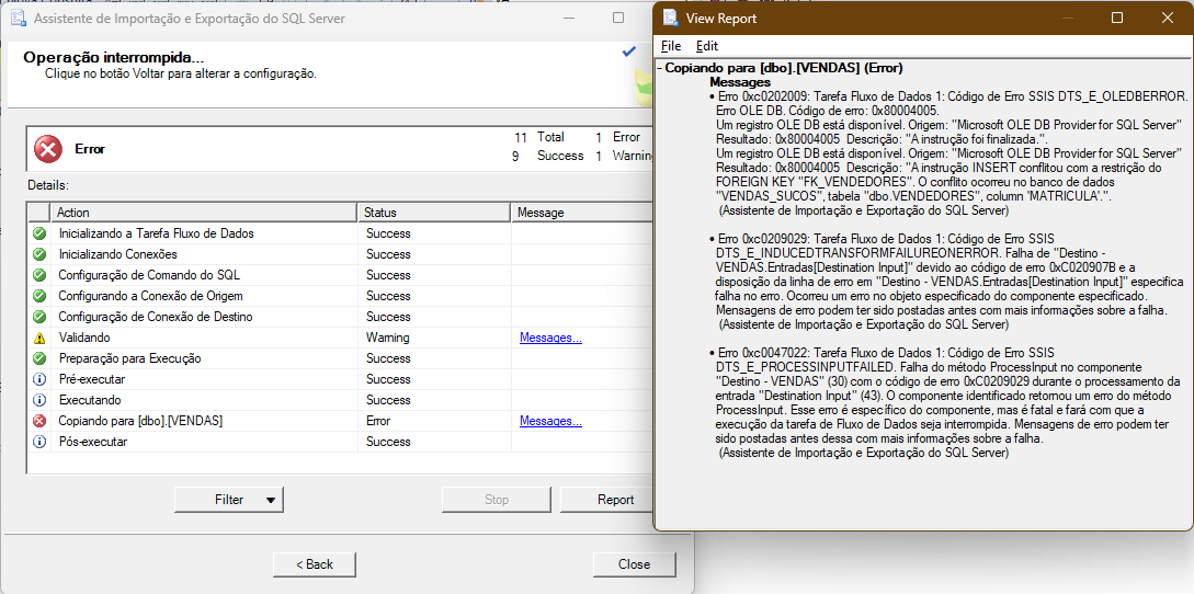 Imagem do erro apresentado ao tentar incluir informações sem referencia da chave estrangeira