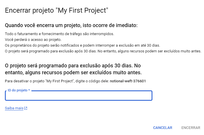 Tela exibida ao encerrar um projeto