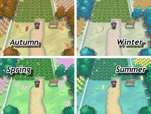 4 Imagens mostrando telas do jogo Pokemon Black nas diferentes estações do ano