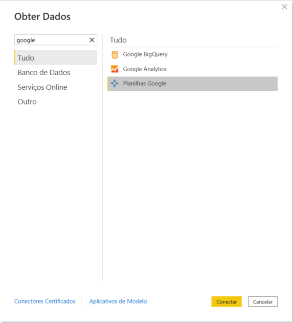 print da tela de obter dados do power bi, mostrando a opção de conexão com o google planilhas