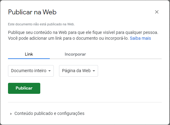 Janela que mostra a opção publicar na web, com o botão de publicar disponível.