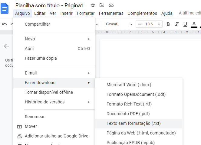 Imagem da guia arquivo selecionada, com a opção fazer download sendo mostrada 