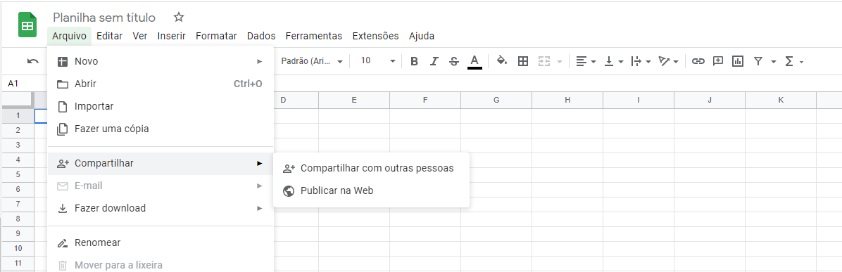 Imagem do google sheets, mostrando a guia arquivo selecionada, com a opção compartilhar sendo exibida