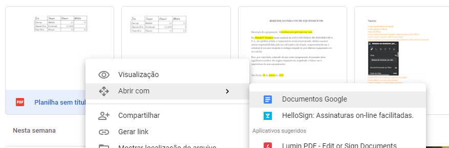 imagem que mostra a janela que aparece depois de clicar em cima do pdf no drive do google com o botão direito do mouse, e selecionando a opção "abrir com", ficando assim disponível a opção "documentos google"