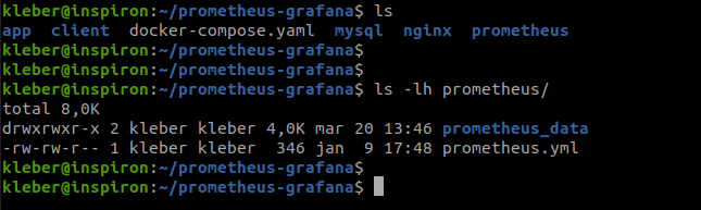 Listagem do diretório prometheus, com um arquivo chamado prometheus.yml e com um subdiretório, chamado prometheus_data