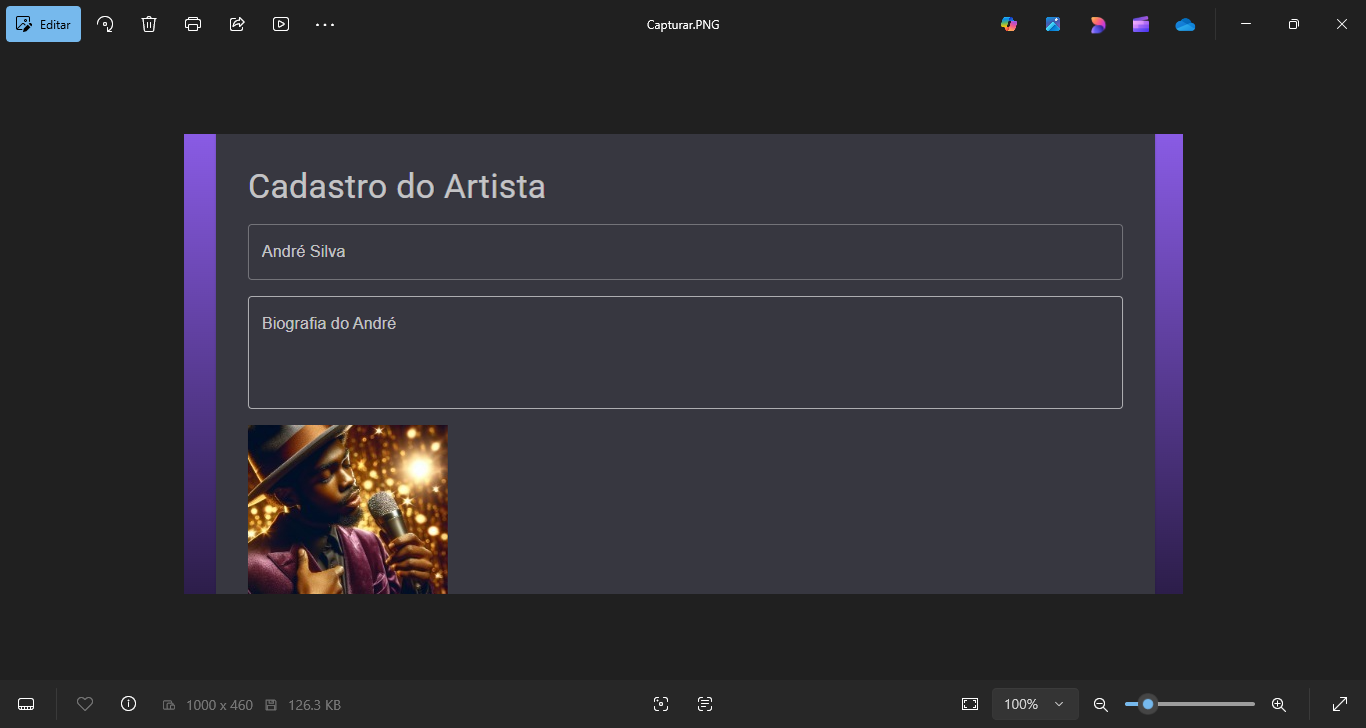 Tela do cadastro do artista com  foto do perfil do artista