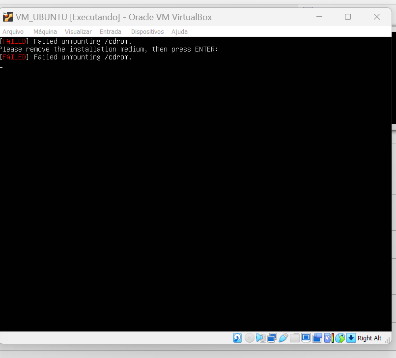 Por favor, conseguem me ajudar? Ao concluir a instalação do ubuntu-22.04.3-live-server-amd64, apresenta o erro Failed unmounting /cdrom:
