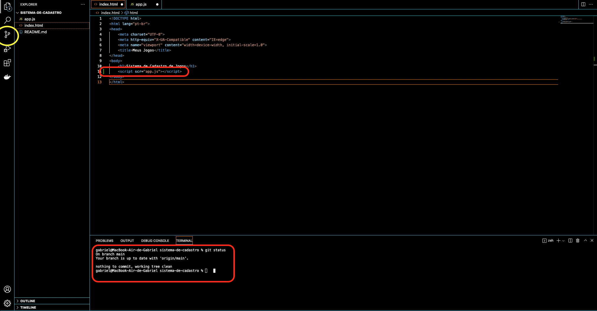 VScode contendo alterações no script e Linha sinalizada com barra indicando modificação de script. Porém, não existe atualização na "arvore"do git e terminal acusa que "nothing to commit, roking tree clean