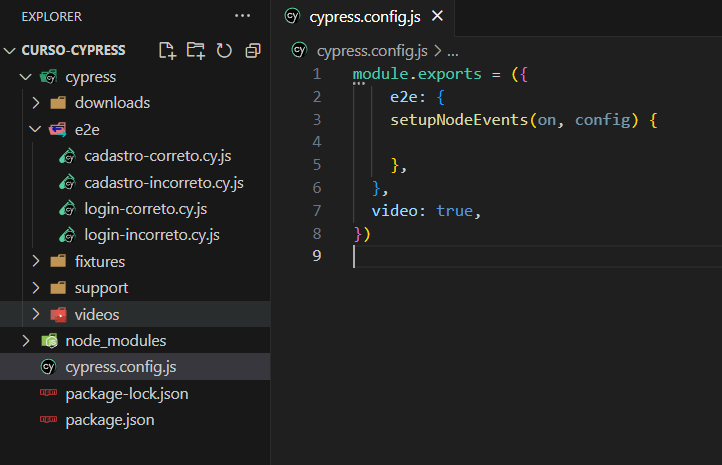 Print do meu arquivo cypress.config.js