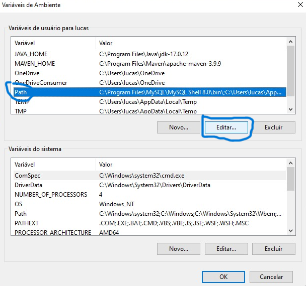 Foto das variaveis de ambiente de um computador windows indicando a localização da variável path 