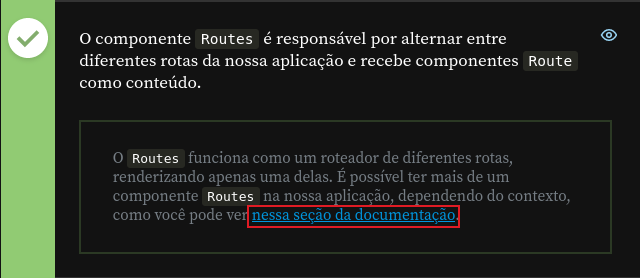 Imagem da resposta do execício com o link para a documentação oficial do React Router