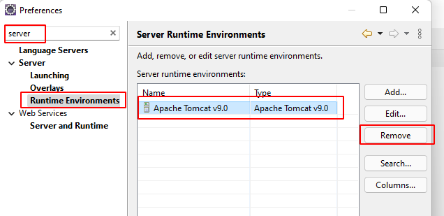 Caixa de opções de preferences com o campo de busca preenchido com "server", a opção runtime environments, os servidores que estão na IDE eclipse e o campo remove está selecionado em vermelho 