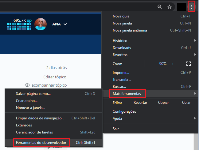 Imagem com os menus do google chrome selecionado. Os três pontos no canto superior direito; o menu Mais ferramentas; e o menu Ferramentas do desenvolvedor, todos selecionados em vermelho