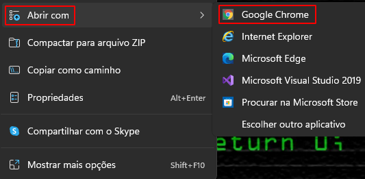 Imagem feita após clicar com o botão direito no arquivo salvo na aula, opções "Abrir com" e Google Chrome selecionada em Vermelho