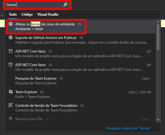 Tela do visual studio community. Barra de pesquisa com a escrita "temas" com a primeira opção "Alterar os temas de cores do ambiente" marcada em vermelho 