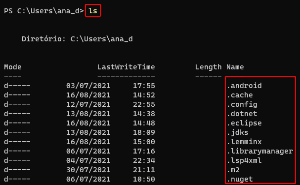 imagem do terminal windows, com o comando "ls" selecionado em vermelho. com o comando "ls" executado, as pastas disponiveis estão selecionadas em vermleho