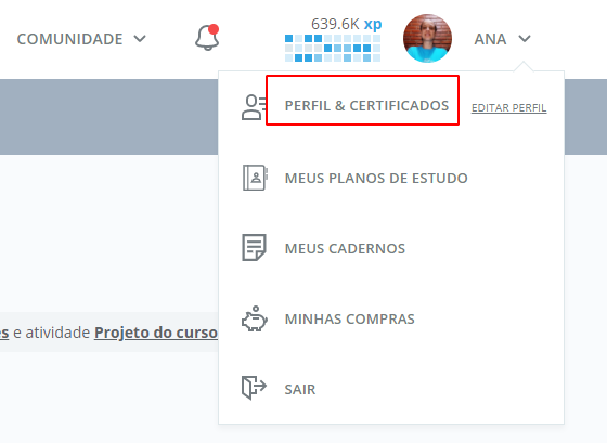 Imagem da tela inicial da alura, na parte superior direita onde está localizado o menu "perfil e certificado" o mesmo está selecionado em vermelho