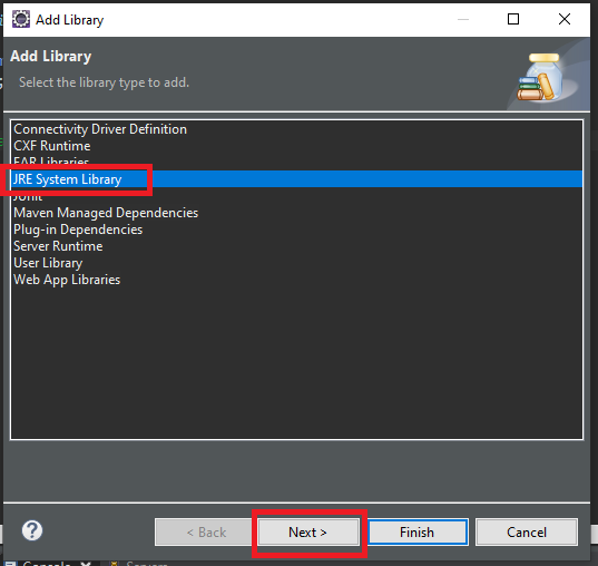 Menu Add LIbrary aberto, com a opção JRE SYSTEM LIBRARY e next na parte inferior selecionada em vermelho
