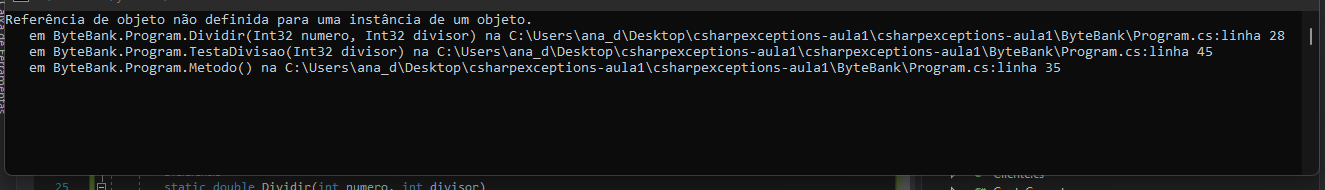 Imagem com a trilha de exceção exibida no console do Visual Studio 2019, com o código mencionado na primeira pergunta deste tópico