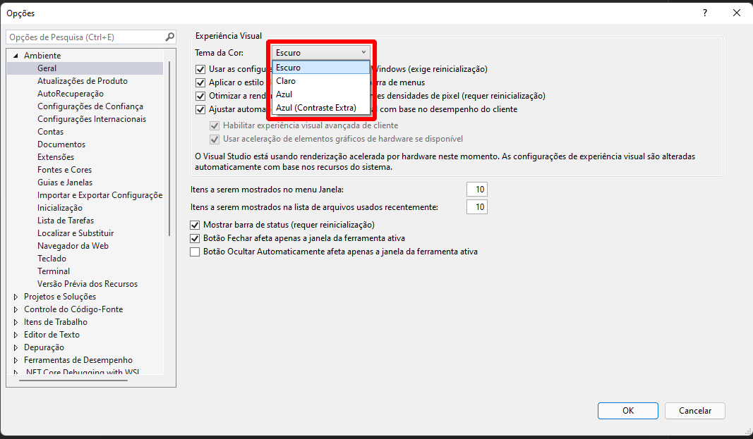 Após selecionar a opção "Alterar os temas de cores do ambiente" aparecerão os temas disponíveis na IDE. Todos estarão selecionadas em vermelho "Escuro", "Claro", "Azul" e  "Azul (Contraste extra)"