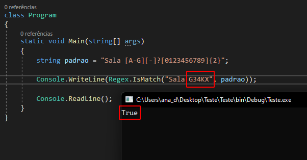 Imagem da class padrão Program, com o método main do Visual Studio 2019. Código de teste com valor G34KX selecionado em vermelho. Uma pequena parte do console aparece na imagem com o valor true selecionado