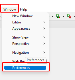 imagem da aba de menu superior do eclipse com as opções Window e Preferences