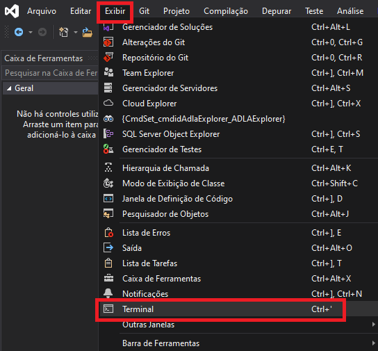 Imagem da tela inicial do Visual Studio 2019. Menu "Exibir" junto a opção "Terminal" que estão localizados na parte superior, estão com marcações em vermelho 
