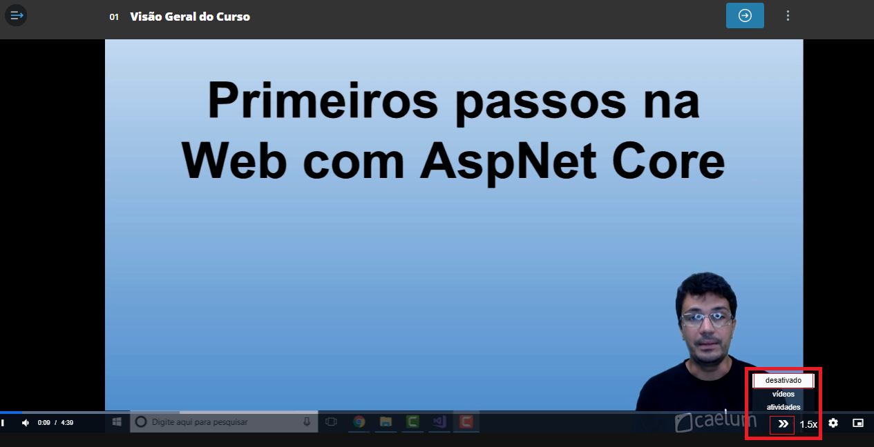 Imagem da primeira aula em vídeo do curso Asp.NET Core: Uma webapp usando o padrão MVC, com as opção de seleção de vídeo marcada em vermelho