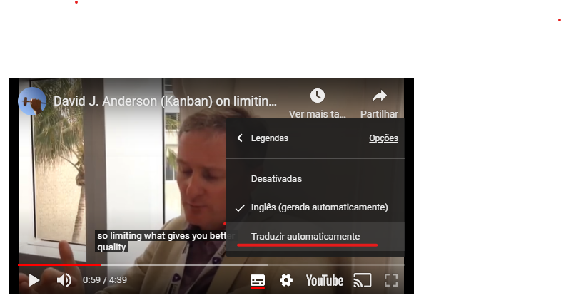 Imagem apresentando as configurações do video do youtube com a opção traduzir automaticamente