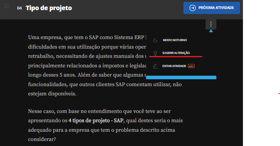 Print da tela de uma atividade grifado em vermelho sugerir alteração