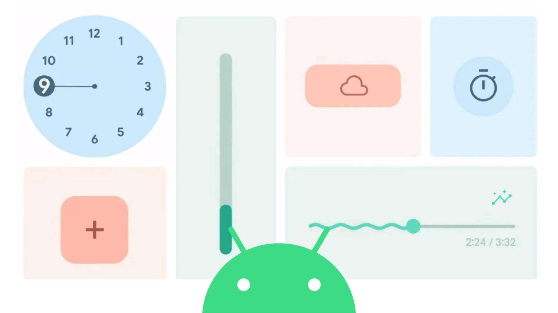 Imagem com fundo branco que contém elementos da interface de aplicativos Android, os elementos possuem cores variadas. A logo do Android em verde pode ser vista na parte inferior ao centro da imagem
