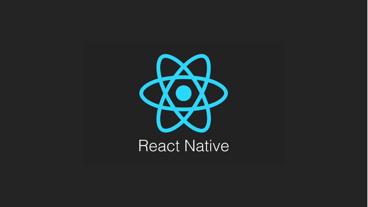 Logotipo do React Native em Azul, texto "React Native" escrito em branco abaixo ambos eum um fundo cinza escuro