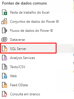 em Obter Dados selecionando a opção SQL Server