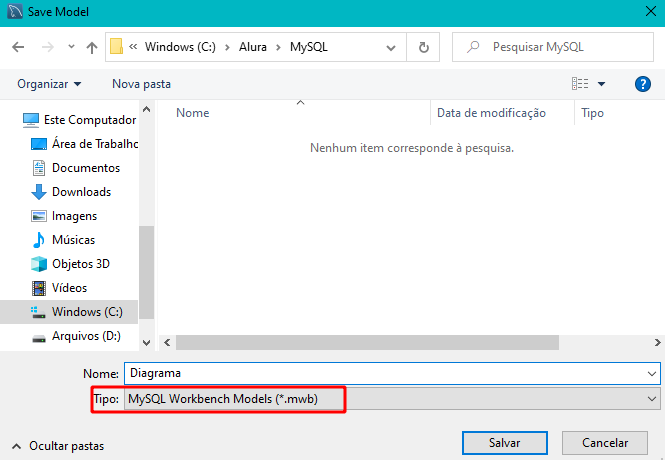 Nova janela que abriu para escolher um diretorio para salvar o diagrama, onde o campo tipo está destacado com um retângulo vermelho sem preenchimento