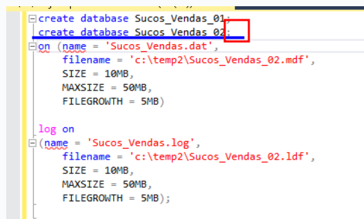 print do comando executado pelo aluno moyses, onde após o trecho CREATE DATABASE SUCOS_VENDAS_02 do comando foi informando um ;