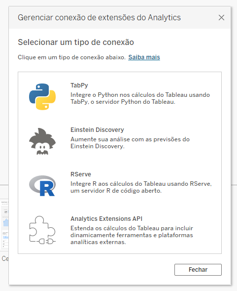 Print da janela gerenciar conexão de extensões do analytics no tableau desktop