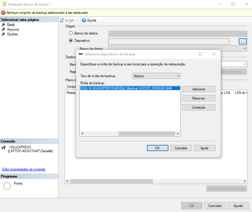print da janela de selecione o dispositivo de backup, onde o arquivo sucos vendas BAK foi selecionado no meu ambiente