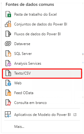 Selecionando a opção Texto/CSV