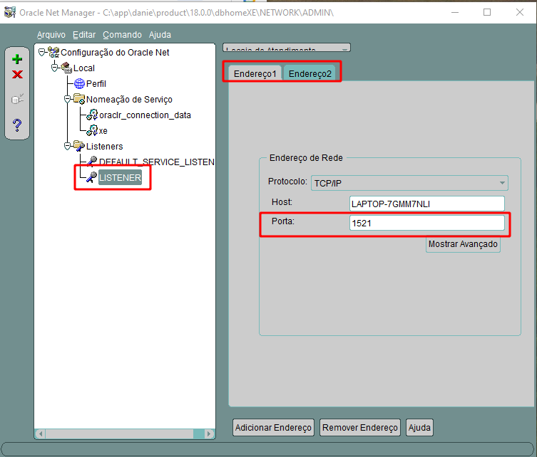 Acessando o Oracle net manager e verificando as informações do listeners