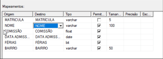 Print da tela do instrutor na tela de mapeamentos de colunas, onde os campos de matricula, nome, comissão, data admissão, férias e bairro estão associados corretamente