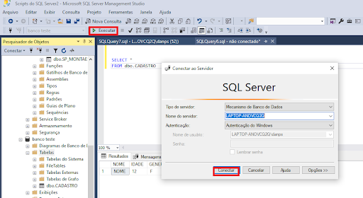 Tela principal do SSMS, onde o botão executar no menu superior e o botão de conectar na nova janela que abriu de conectar ao servidor, estão destacados com um retângulo vermelho sem preenchimento