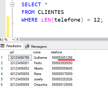 print da tela principal do SSMS, onde o comando com  LEN foi executado, e apenas os registros que tem 12 caracteres foram restornados
