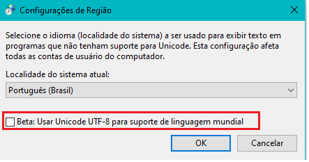 Imagem da tela de configuração da região, onde  a opção Beta: Usar Unicode UTF-8 para suporte de linguagem mundial, esta destacada com um quadrado vermelho sem preenchimento