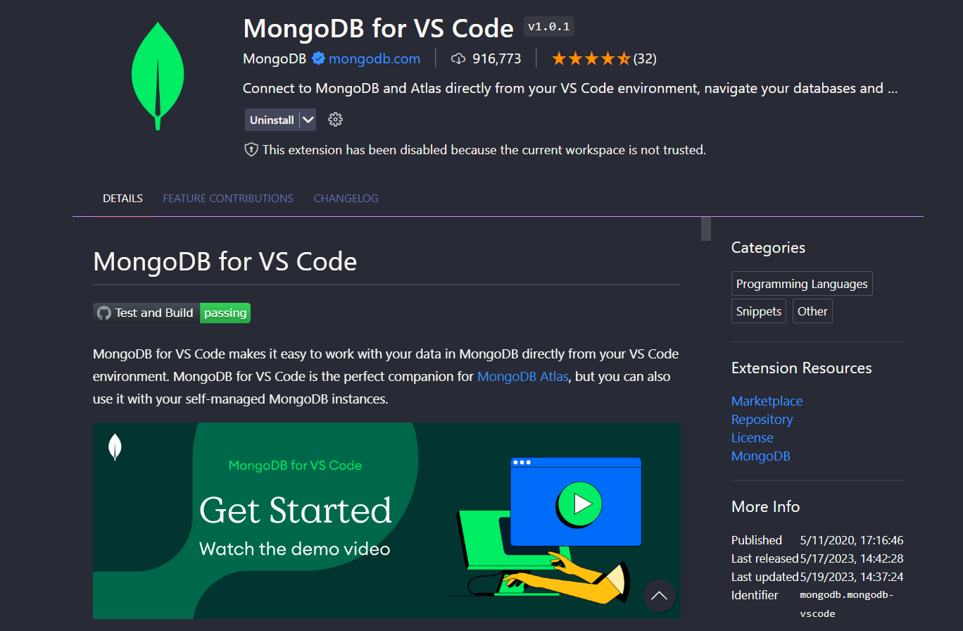 print da tela do visual studio code, onde as informações da extensão MongoDB for VS Code, está disponivel na tela