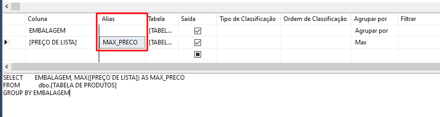 Alterando o valor do campo alias para a coluna prelo de lista