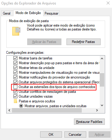 desabilitando a opção de Ocultar extensões dos tipos de arquivo conhecidos 