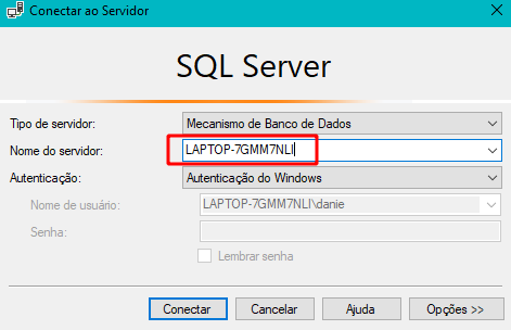 Tela de conexão do SSMS com informações do tipo de servidor, nome do servidor que está destacado com um retângulo vermelho sem preenchimento, este campo que está vazio e autenticação. Abaixo deste campo, está as informações de usúario, como o nom de usúario, onde se encontra o nome da máqina junto ao nome e o campo de senha
