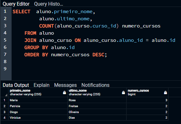 Print do PgAdmin onde foi executada a query anterior,  informando no GROUP By o campo aluno.id